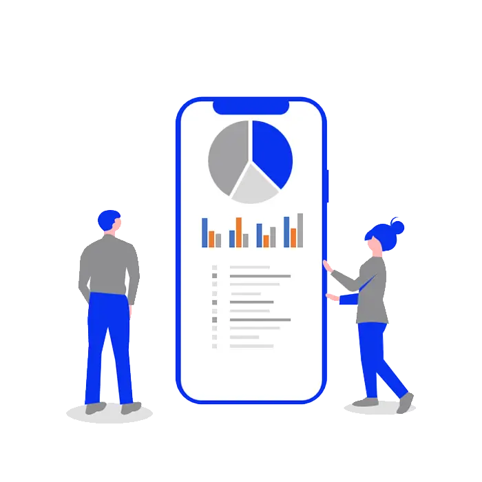 Illustration of two people analyzing data on a smartphone screen displaying a pie chart, bar graph, and a list of insights.