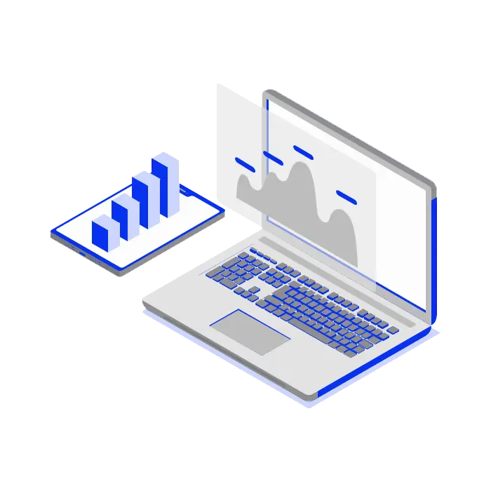 An isometric illustration of a laptop displaying a line graph and a bar chart, symbolizing geolocation data analysis and visualization.