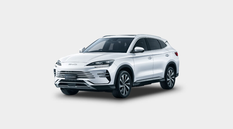 BYD Sealion 6 DMi hybrid SUV in pearl white color with distinctive front fascia, sleek LED headlights, and aerodynamic design against a neutral background.