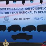 Announcement banner for Thailand's first national EV brand showing collaboration between Thai Ministry of Commerce, Chery, NSTDA, and KING GEN, with silhouettes of five different vehicle types displayed below the partner logos on a blue gradient background