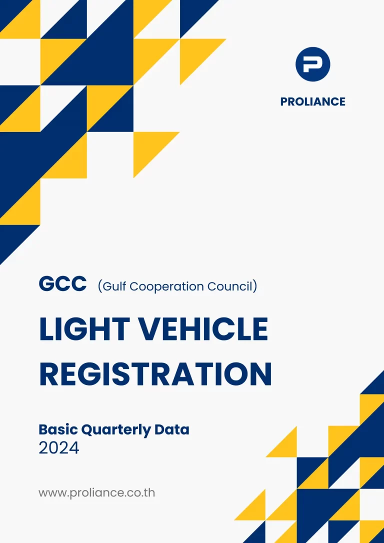 GCC Light Vehicle Registration - Geolocation Quarterly Data 2024 1 GCC Gulf Cooperation Council Light Vehicle Registration basic quarterly data 2024 report cover with geometric design and Proliance branding