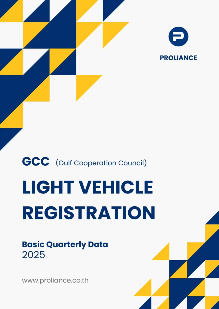 GCC Light Vehicle Registration - Geolocation Quarterly Data 2025 (Subscription) 1 GCC Gulf Cooperation Council Light Vehicle Registration basic quarterly data 2025 report cover with geometric design and Proliance branding