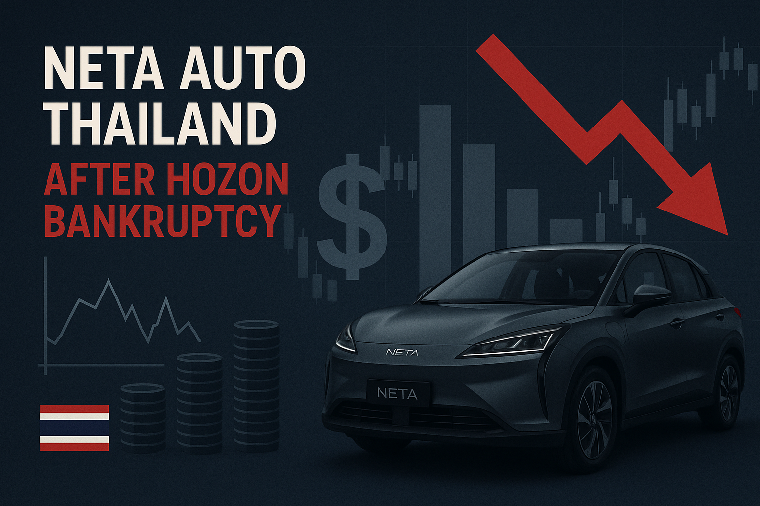 Banner showing Neta electric vehicles in a showroom with the Neta and Hozon logos, overlaid with the headline “Neta Auto Thailand: Navigating Uncertainty After Hozon Bankruptcy” and a backdrop of the Thai flag.