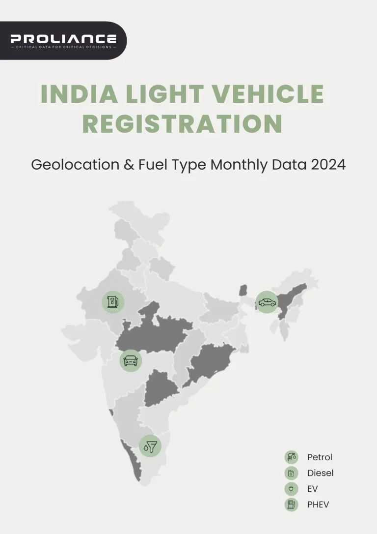 India Light Vehicle Registration - Geolocation & Fuel Type Monthly Data 2024 1 India Light Vehicle Registration geolocation and fuel type monthly data 2024 report cover with India map and Proliance branding