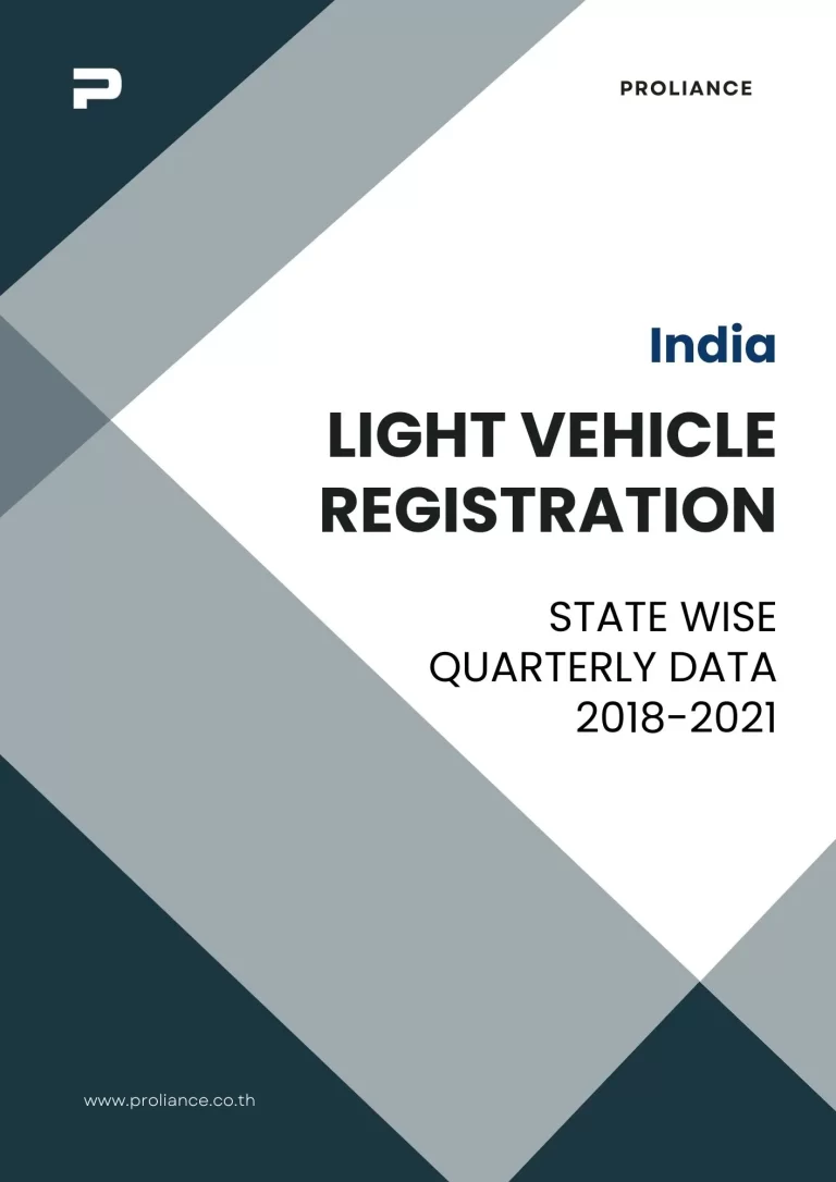 India Light Vehicle Registration - State Wise Quarterly Data 2018-2021 1 India Light Vehicle Registration state wise quarterly data 2018-2021 report cover with geometric design and Proliance branding