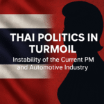 Silhouette of a woman representing Thailand's Prime Minister set against a waving Thai flag background, with bold white text reading 'Thai Politics in Turmoil – Instability of the Current PM and Automotive Industry