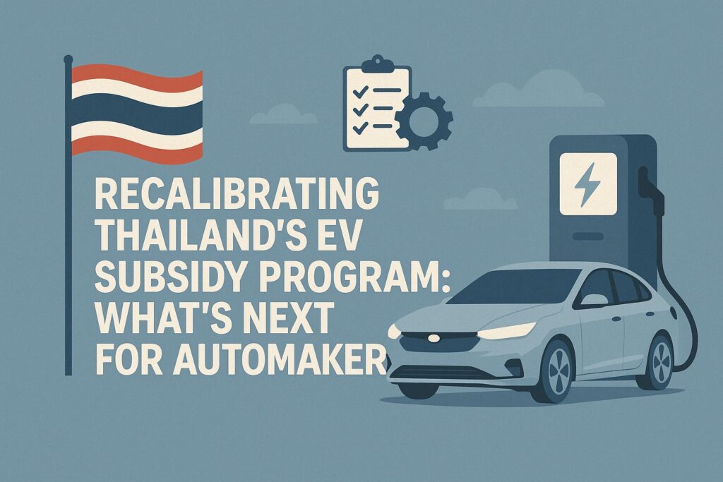 Recalibrating Thailand’s EV Subsidy Program: What’s Next for Automakers 1 Illustration of a modern electric vehicle charging at a station, with the Thai flag and text discussing the recalibration of Thailand's EV subsidy program and its impact on automakers.