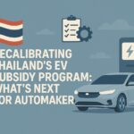 Illustration of a modern electric vehicle charging at a station, with the Thai flag and text discussing the recalibration of Thailand's EV subsidy program and its impact on automakers.