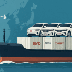 A container ship transporting Chinese EVs (BYD, Geely, Chery) across international waters with a map background showing China and Russia trade routes.