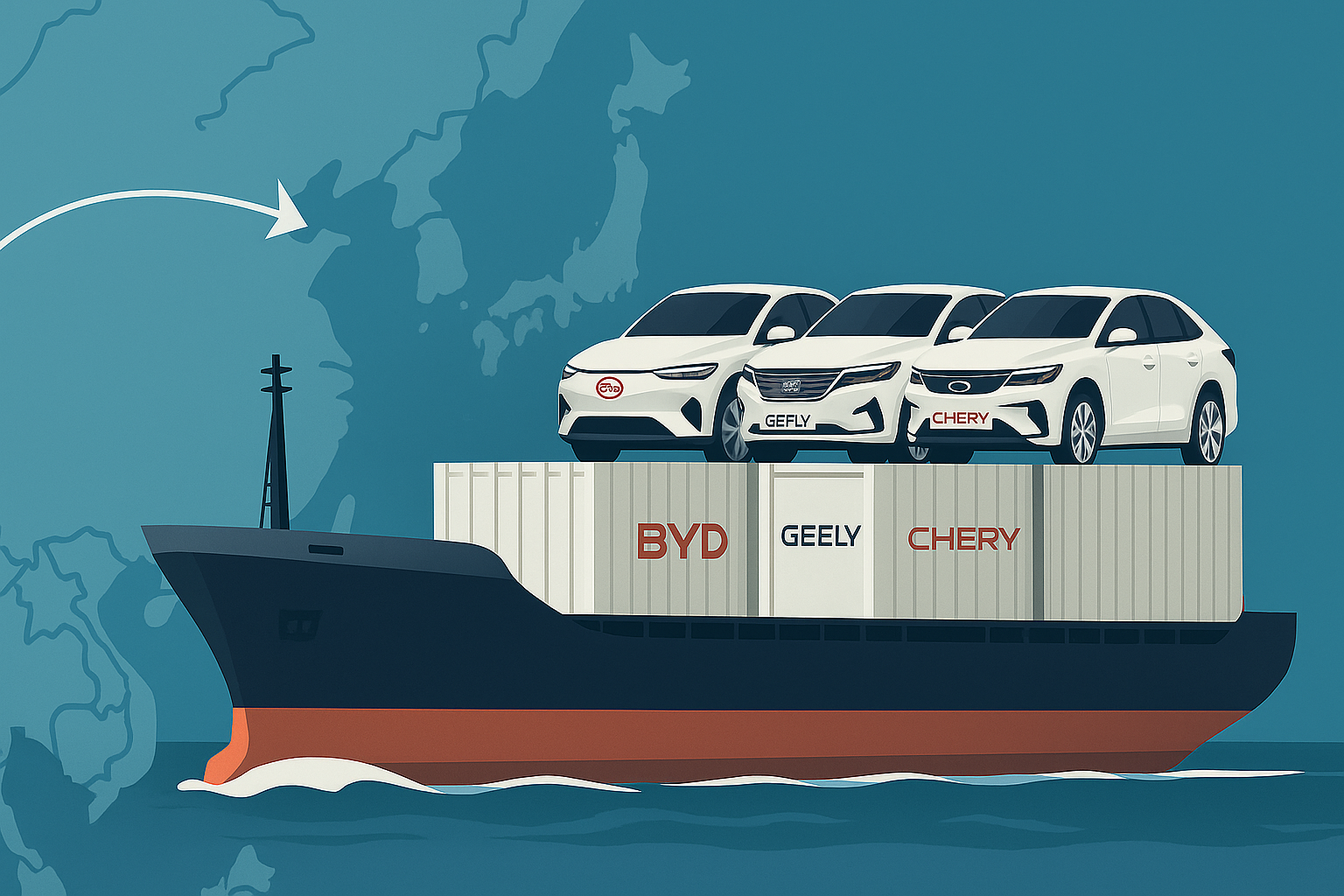 A container ship transporting Chinese EVs (BYD, Geely, Chery) across international waters with a map background showing China and Russia trade routes.