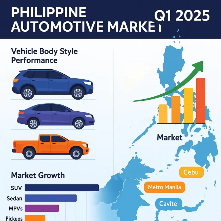 Philippine Automotive Market Q1 2025 infographic showing vehicle body style performance and regional market growth with Philippines map
