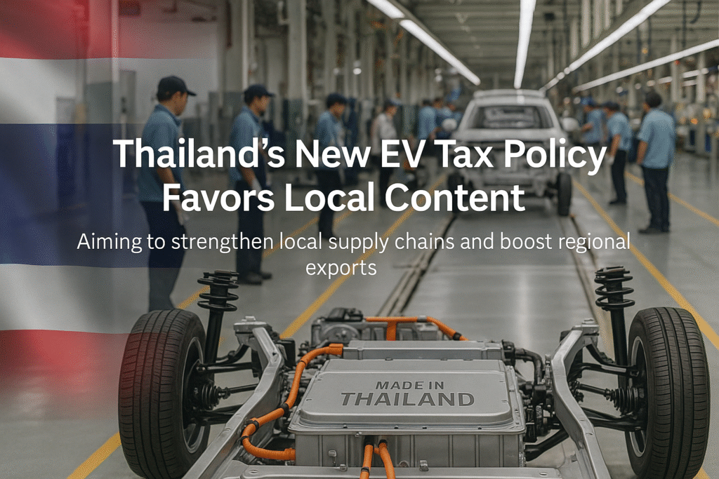 Thailand Restructures EV Tax Policy to Incentivize Local Parts Production 1 EV assembly line in Thailand with focus on locally manufactured parts and Thai flag overlay.