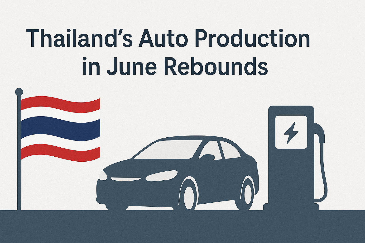 Digital banner with a Thai flag, electric vehicle, and charging station on a light gray background, featuring the headline: "Thailand's Auto Production in June Rebounds."