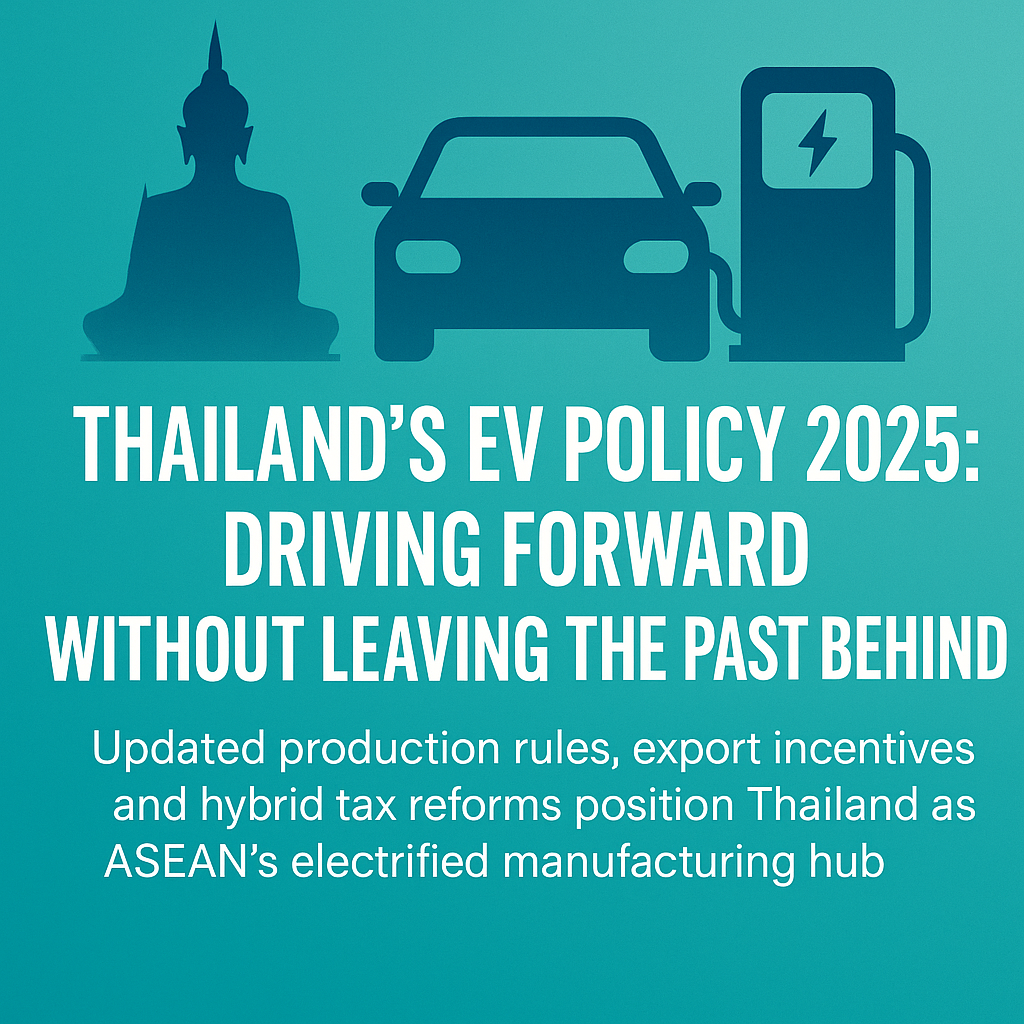 A banner showing a silhouette of a Thai temple, electric car, and charging station with the title “Thailand’s EV Policy 2025: Driving Forward Without Leaving the Past Behind.”