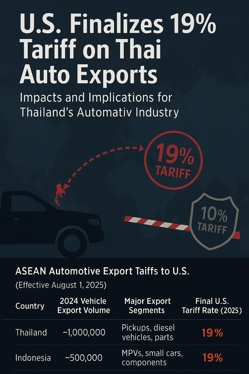 Infographic depicting the finalized 19% U.S. import tariff on Thai auto exports, with comparative ASEAN vehicle export data for Thailand and Indonesia, and a dark blue trade route map.