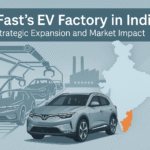Digital illustration of VinFast EV factory operations in India, featuring an assembly line, VinFast SUV, and highlighted Tamil Nadu on a map of India.