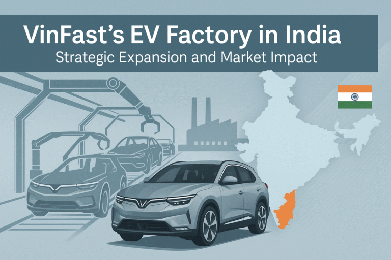 Digital illustration of VinFast EV factory operations in India, featuring an assembly line, VinFast SUV, and highlighted Tamil Nadu on a map of India.