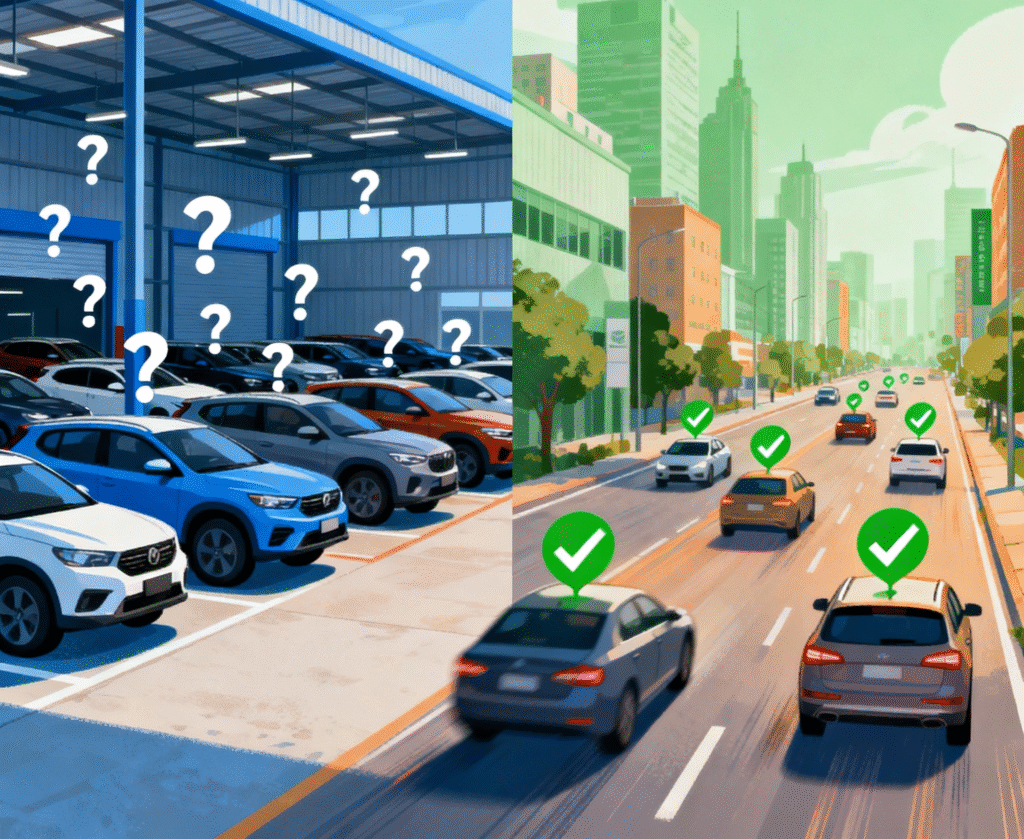 Why Vehicle Registration Data Beats Car Sales Data — The Hidden Truth Behind Market Intelligence 1 Split image comparing car inventory in dealership lot with question marks and registered cars driving on city street with check marks