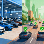 Split image comparing car inventory in dealership lot with question marks and registered cars driving on city street with check marks