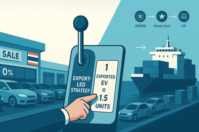 Export-led EV strategy illustration showing car dealership, cargo ship, and lever converting exported electric vehicles into unit credits