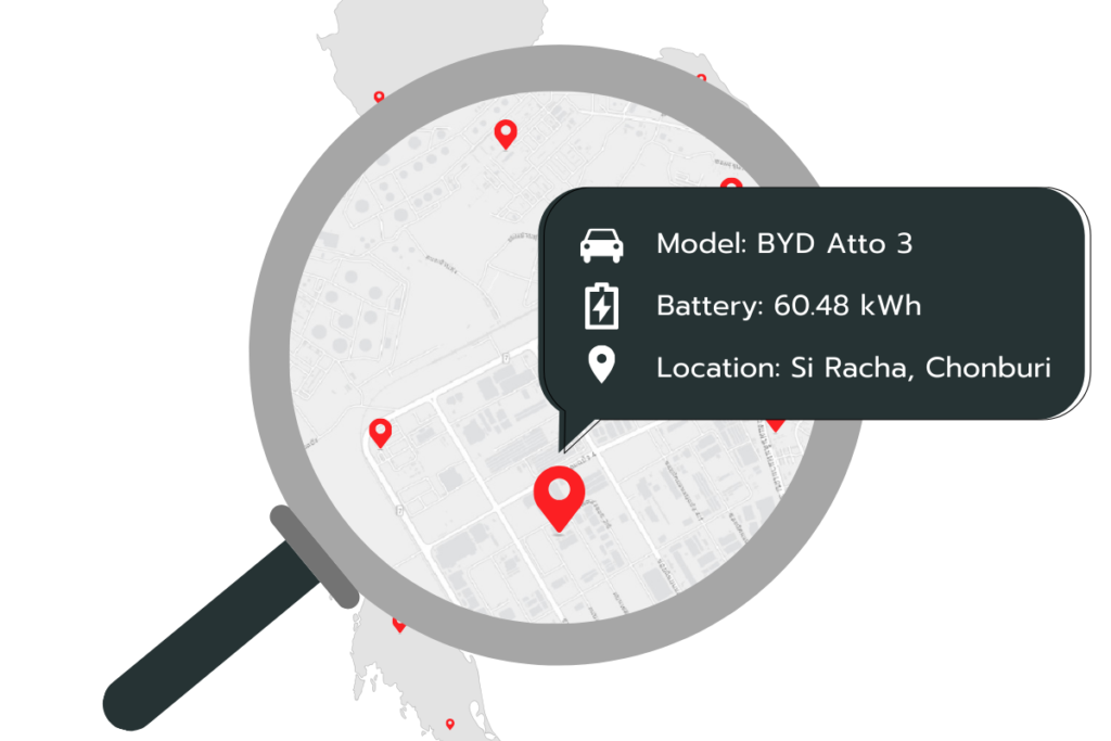 Magnifying glass zooming in on Si Racha, Chonburi map with red EV location pin and popup showing BYD Atto 3 battery details