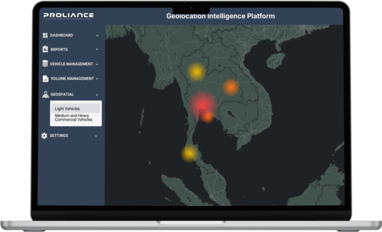 Proliance Geospatial dashboard: Thailand map heatmap (red/yellow) for light/medium vehicles