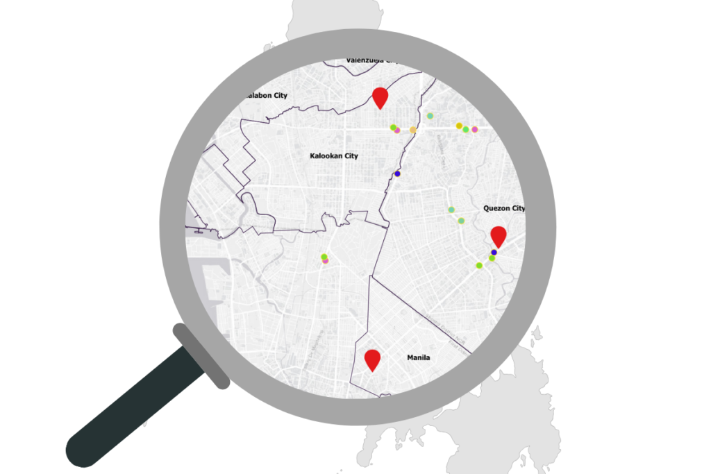 Magnifying glass zooming in on Metro Manila city map with red location pins and multicolored data points in Kalookan, Quezon City, and Manila