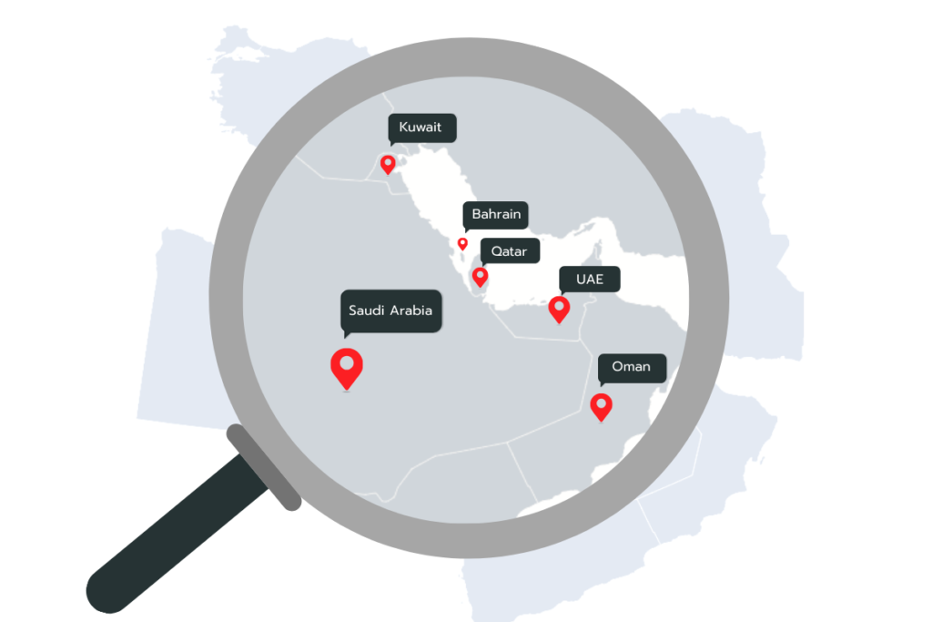 Magnifying glass zooming in on Middle East map with red location pins and labels for Saudi Arabia, Kuwait, Bahrain, Qatar, UAE, and Oman
