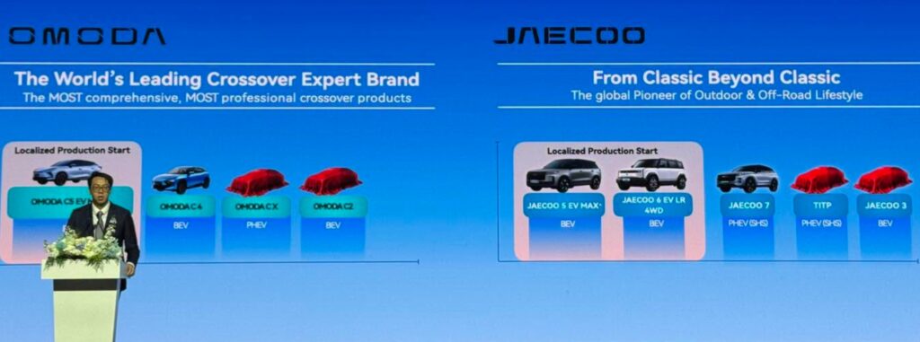 Chery OMODA and JAECOO Thailand production roadmap showing localized EV and PHEV models