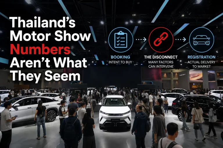 Crowded motor show with a white BYD car and text explaining the disconnect between car bookings and actual registrations.