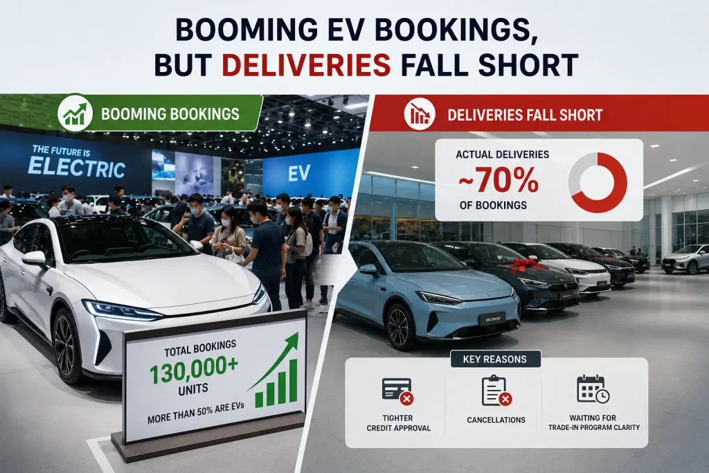 Split infographic showing EV bookings exceeding 130,000 units, while actual deliveries fall short at only 70%
